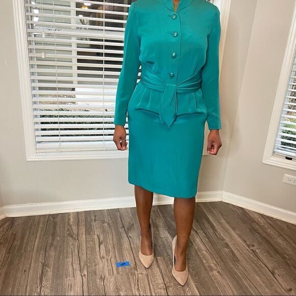 Vintage Mirella Cavorso Neiman Marcus Vintage Silk Teal Midi Dress - Picture 3 of 13